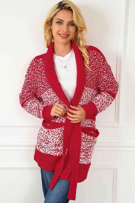 Open Front Longline Cardigan with Pockets Artistic Women's Hand - painted