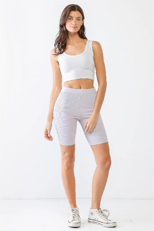 Light Purple Ribbed High Waist Slim Fit Stretchy Shorts Trendy Women's 