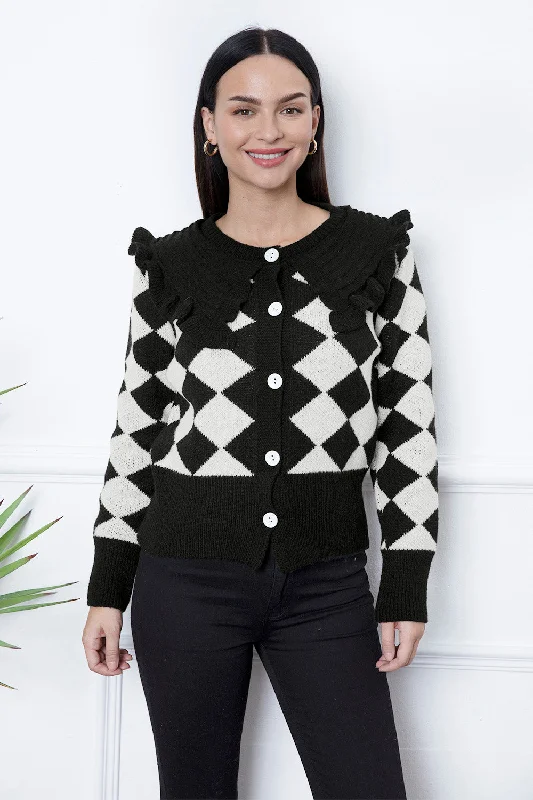 Argyle Element Button Up Ruffled Cardigan Elegant Women's Formal 