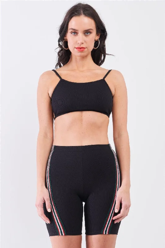 Black Striped Detail Ribbed Open Back Sleeveless Top & High Waist Biker Shorts Set Confident Women's Power