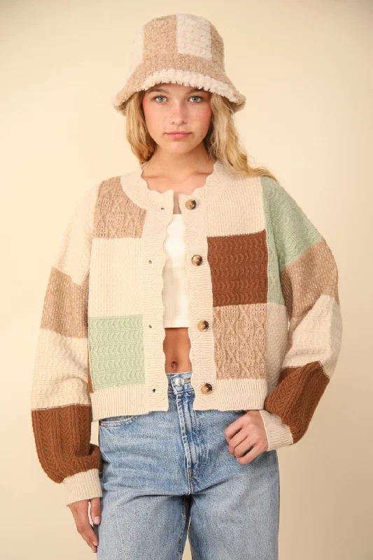 VERY J Color Block Button Down Textured Sweater Cardigan Modern Women's 