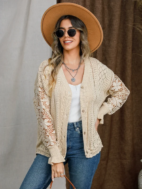 Eyelet Button Up Lantern Sleeve Cardigan Tough Women's Military - inspired