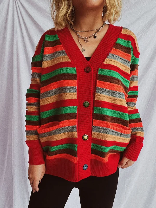 Contrast Stripes Button Up Long Sleeve Cardigan British Gentlewoman Style