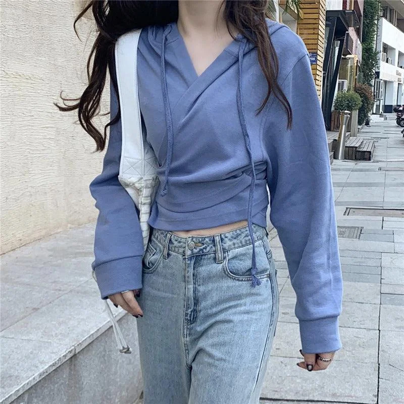 New Fashion Ins Design Cross Strap Hooded Short Sweater Hip Women's Retro