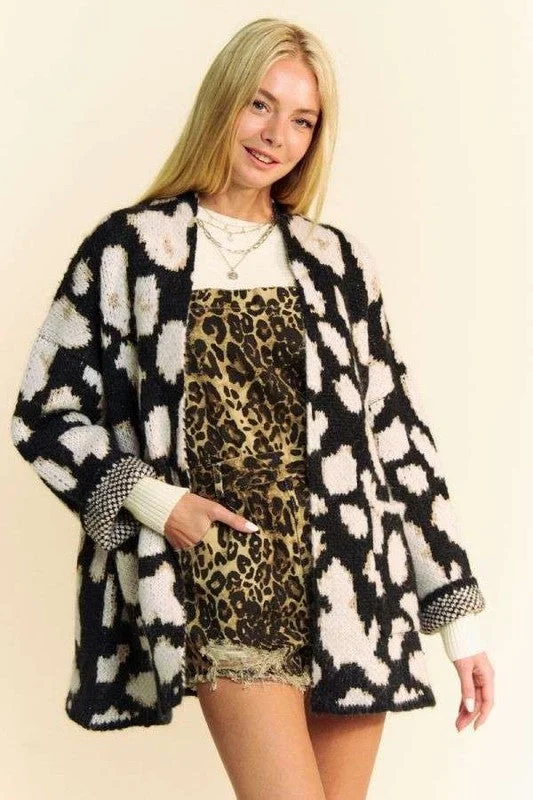 Davi & Dani Leopard Open Front Long Sleeve Cardigan Rugged Women's Outdoor 
