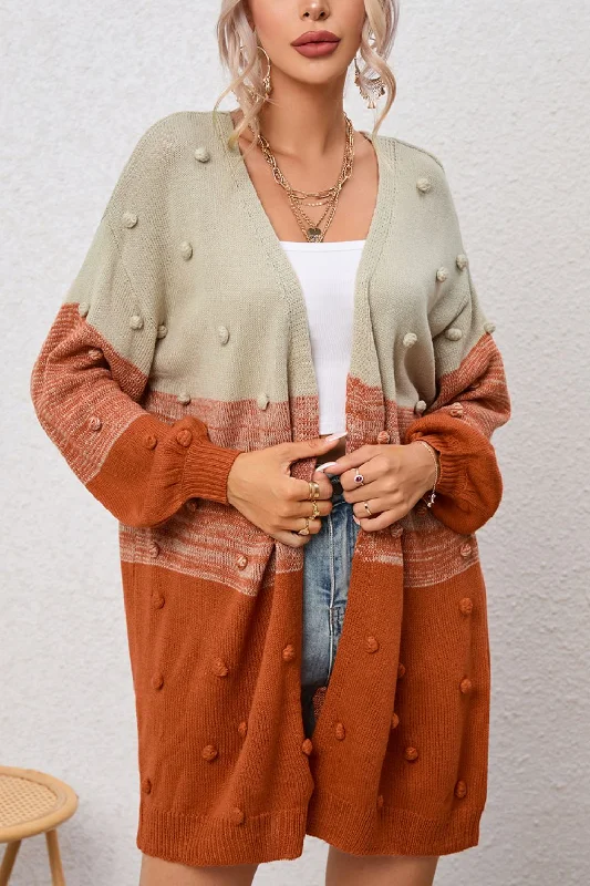 Pompom Color Block Open Front Cardigan Athletic Women's 