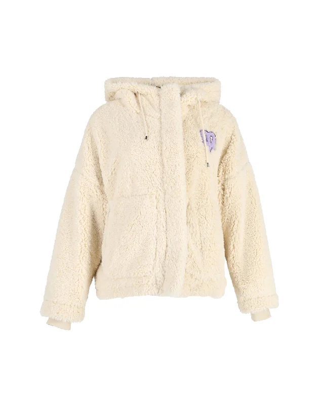 Maje x Varley Bayavar Hooded Jacket in Cream Faux Fur Unique Women's Upcycled