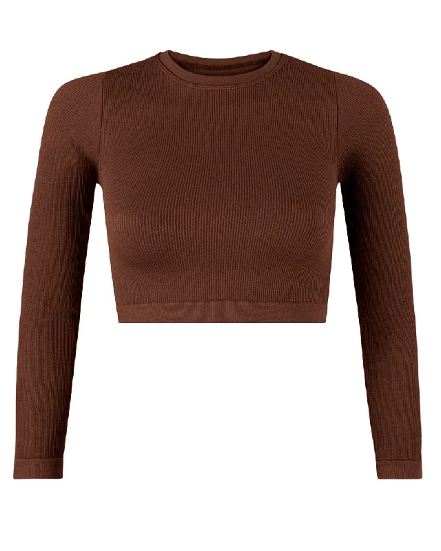 EVOKE Ribbed Long-Sleeve Crop Top | Maroon Casual Women's Japanese 