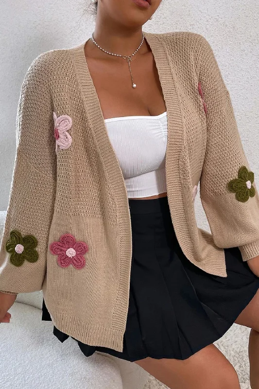 Floral Applique Drop Shoulder Open Front Cardigan Bold Women's Animal Print