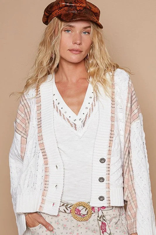 POL Cable-Knit Plaid V-Neck Button Up Cardigan Street