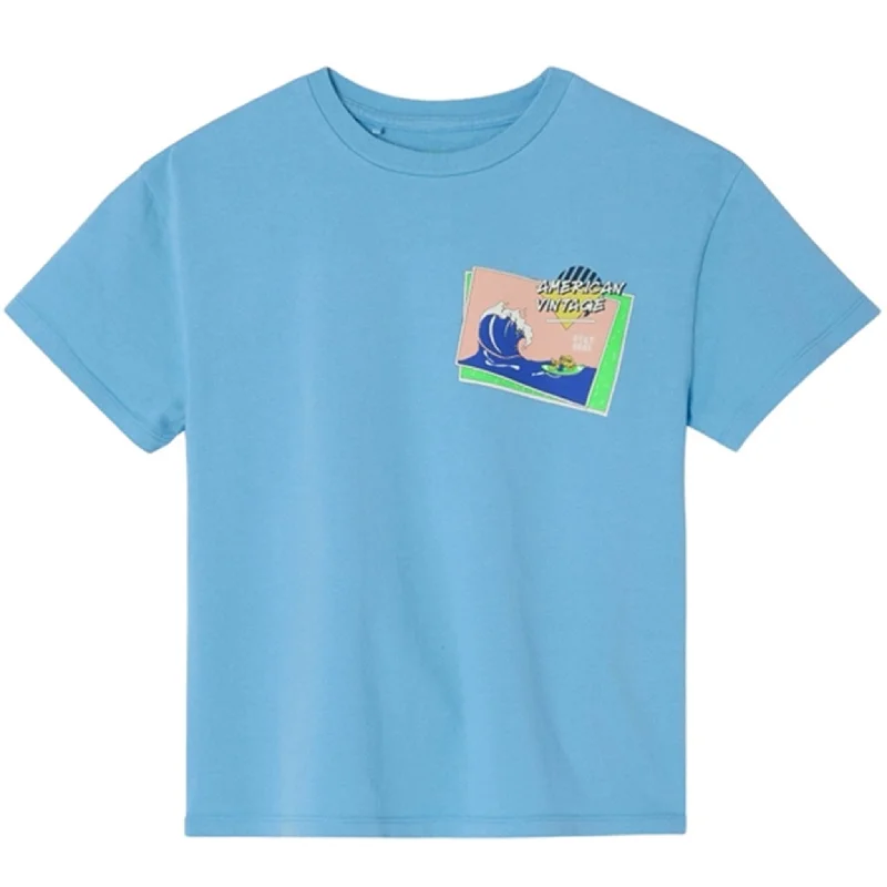 American Vintage T-shirt Droit Mc Col Rond Imprime Bleu Azur Vintage Sleek Women's Metallic