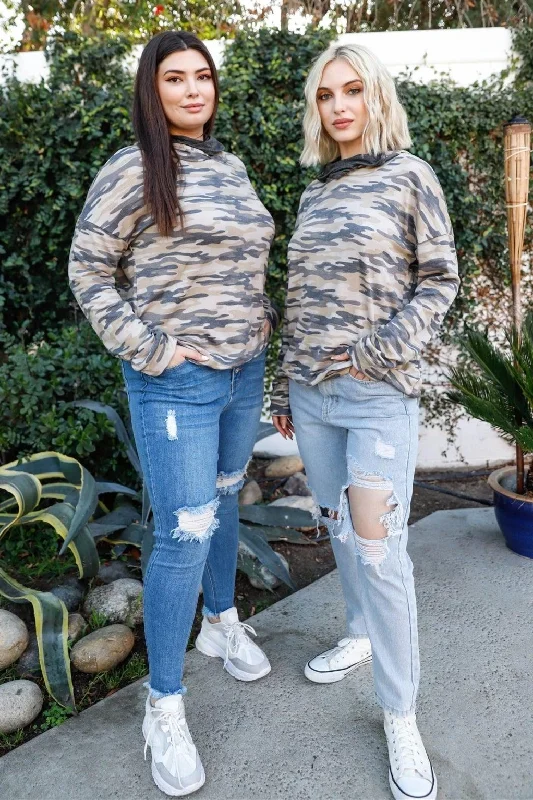 Plus Size Camo Mask Neck Hoodie Sweatshirt /2-2-2 Refined Women's Velvet