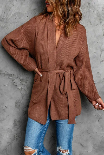 Tied Open Front Dropped Shoulder Cardigan Laid - back Women's Vibe