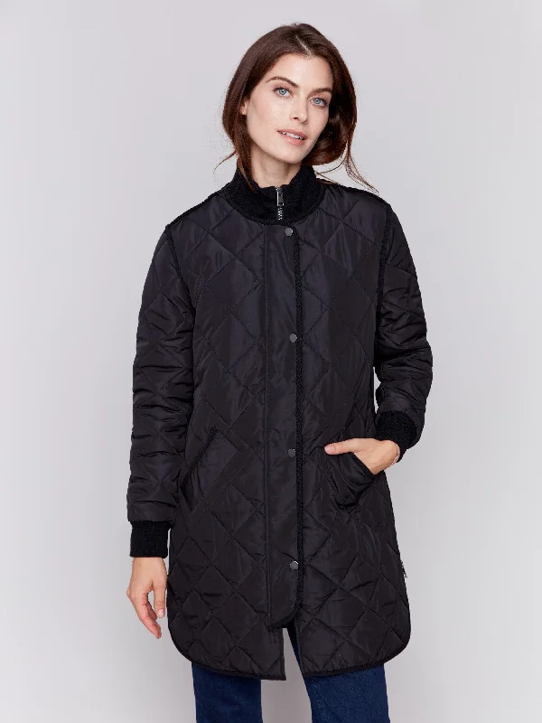 Long Quilted Puffer Jacket - Black Elegant Women's 