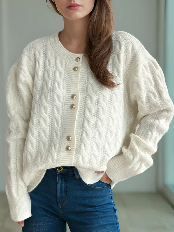 Cable-Knit Round Neck Long Sleeve Cardigan Dynamic Women's High - energy