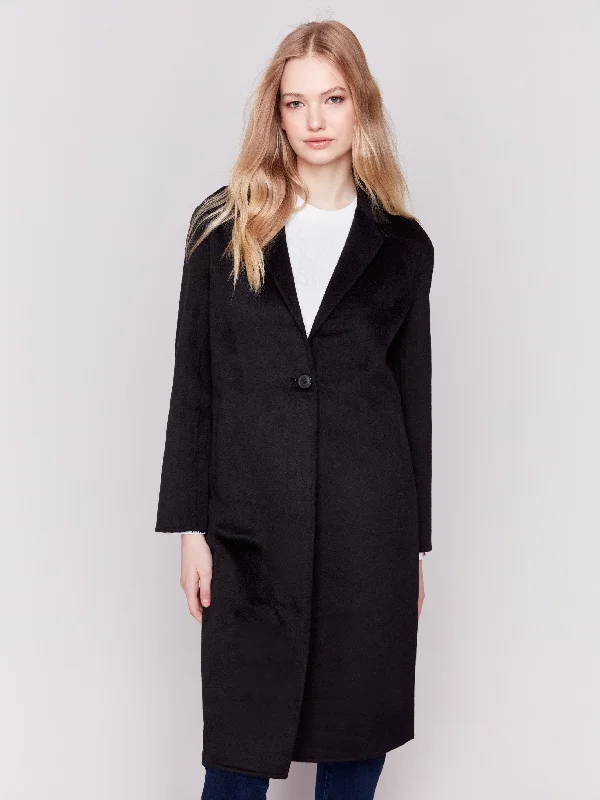 Long Double-Faced Wool Coat - Black Artistic Women's Hand - painted