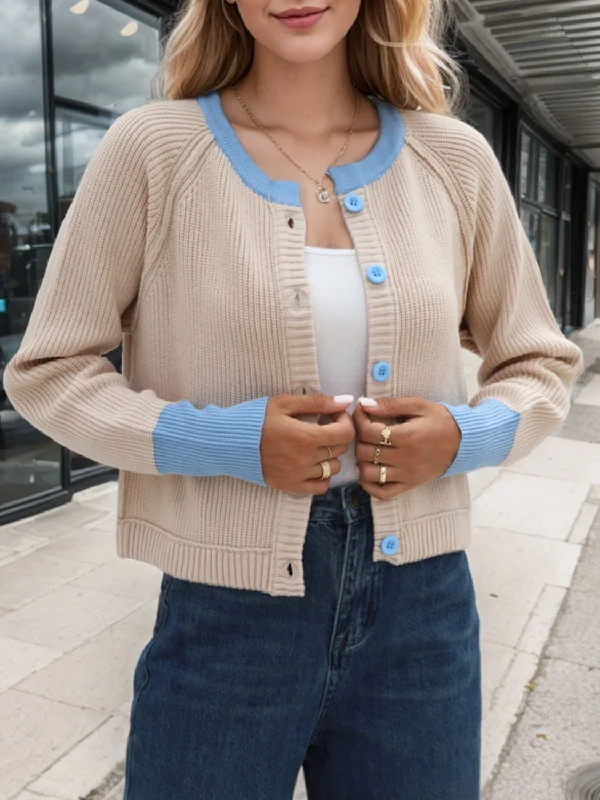 Contrast Button Up Long Sleeve Cardigan Luxurious Women's High -  end