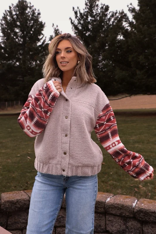 Aztec Print Teddy Jacket - Taupe - FINAL SALE Refined Women's Velvet