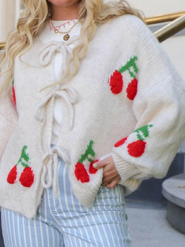 Tied Cherry Round Neck Long Sleeve Cardigan Stylish Women's Tropical 