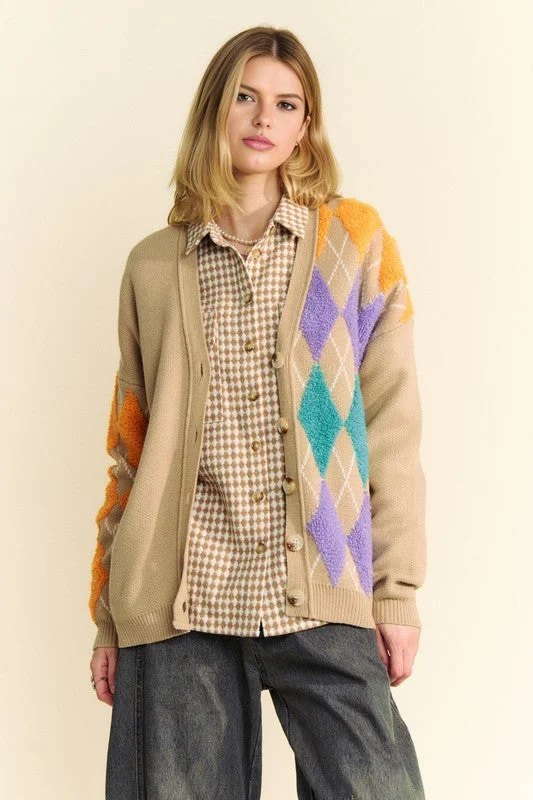 Davi & Dani Argyle V-Neck Dropped Shoulder Cardigan Classic Women's Pin - striped