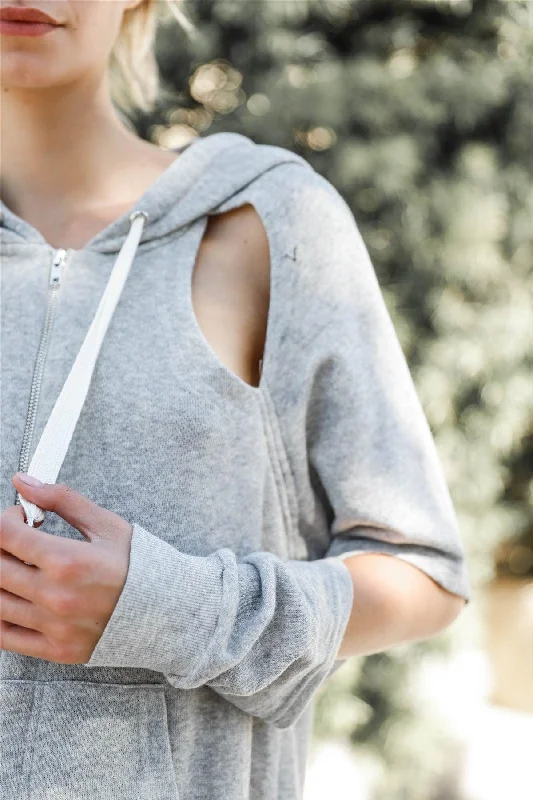 Grey Casual Cut-Out Sleeves Zip-Up Hoodie Sweatshirt /3-2-1 Feminine Women's Style 