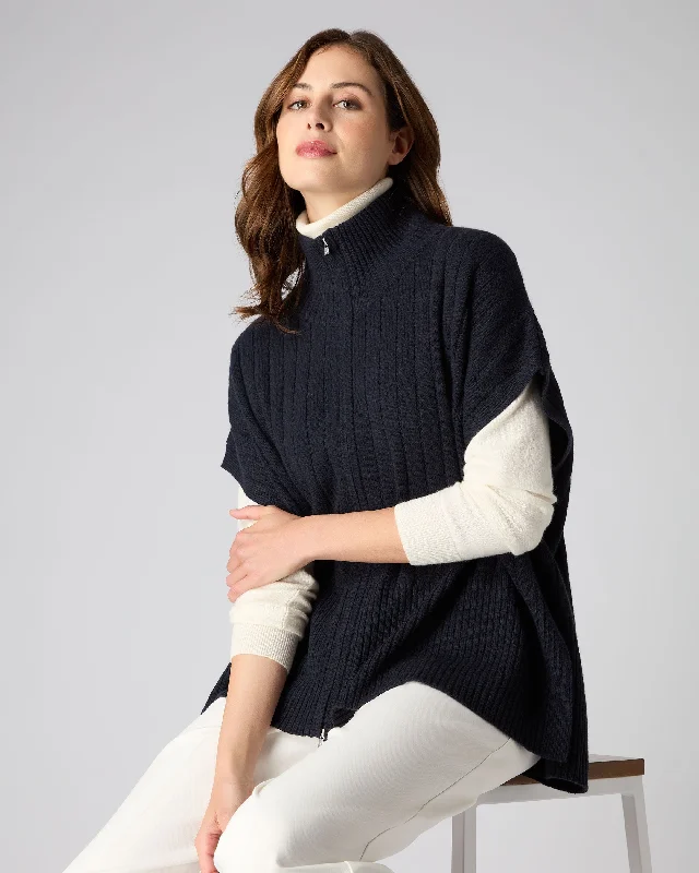 Women's Rib Full Zip Cashmere Cape Navy Blue Scandinavian