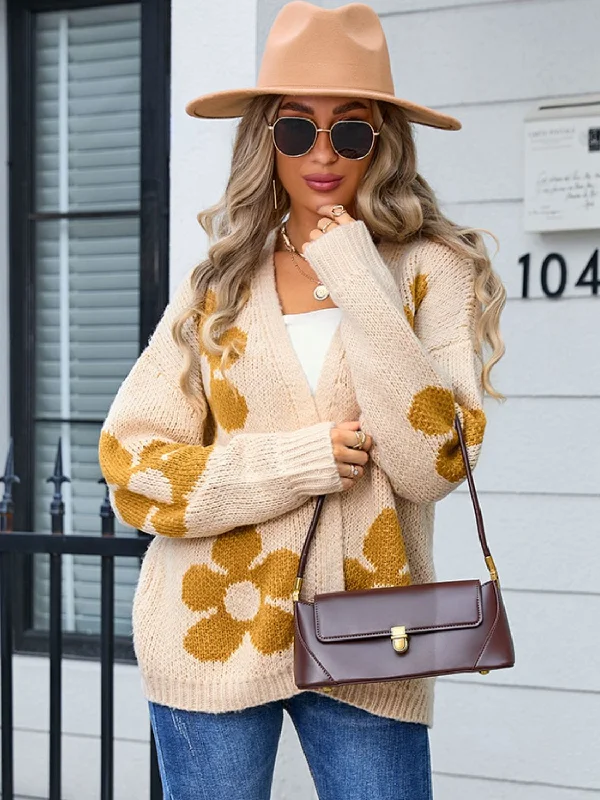 Flower Open Front Long Sleeve Cardigan Athletic Women's 