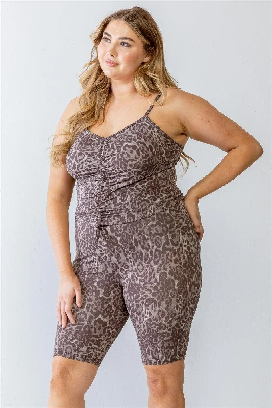 Junior Plus Mocha Leopard Print Elasticized Sleeveless Ruched Top & High Waist Shorts Set Geometric