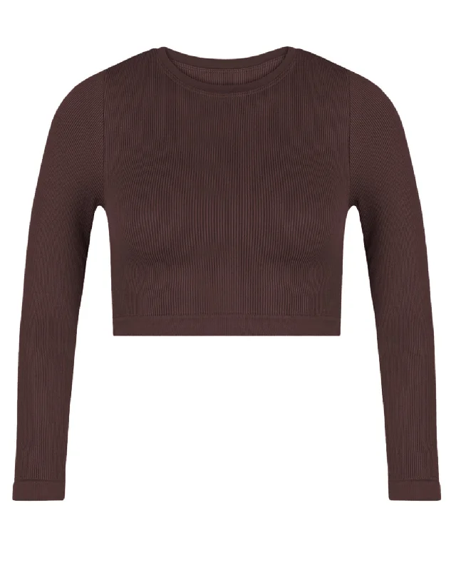 EVOKE Ribbed Long-Sleeve Crop Top | Chocolate Brown Casual Women's Loose - fitting
