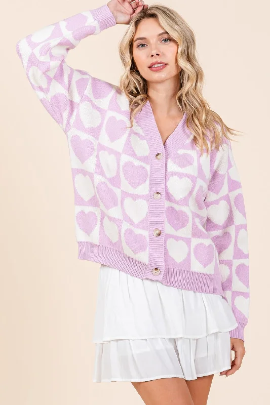Mittoshop Checkered Heart Button Down Cardigan Casual Women's Loose - fitting