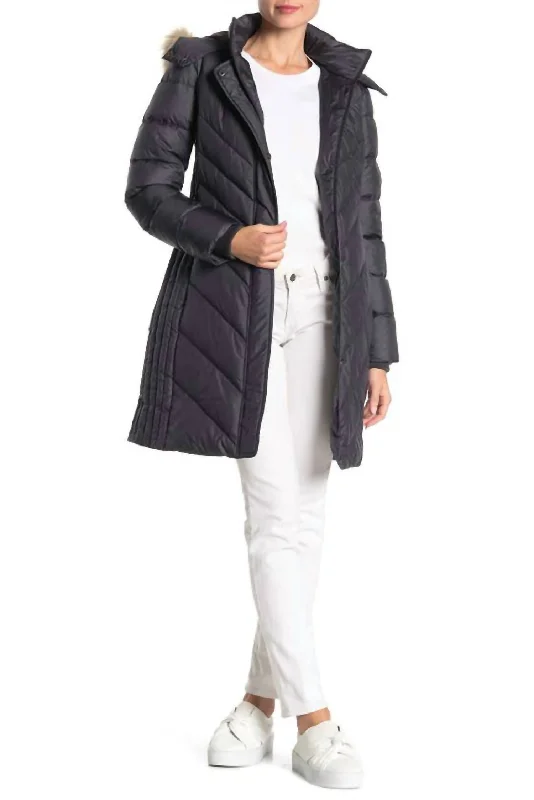 Mid Length Faux Fur Hooded Puffer Jacket In Gray Stylish Women's Neon