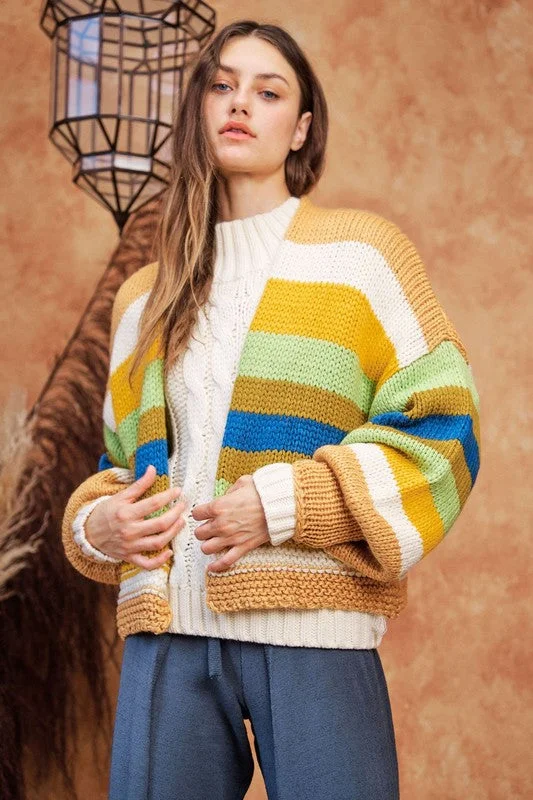 Davi & Dani Contrast Striped Open Front Lantern Sleeve Cardigan Laid - back Women's Vibe