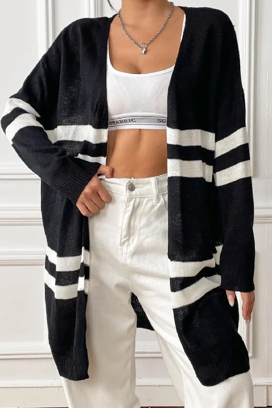 Striped Open Front Dropped Shoulder Cardigan Hip Women's Urban