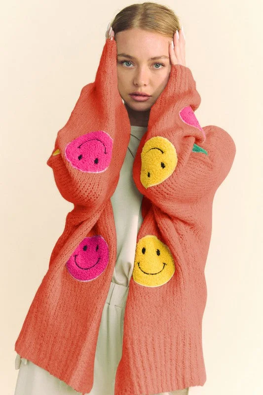 Davi & Dani Fuzzy Smile Open Front Long Sleeve Cardigan Hip Women's Retro