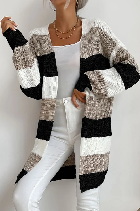 Perfee Striped Long Sleeve Duster Cardigan Monochromatic Office Style