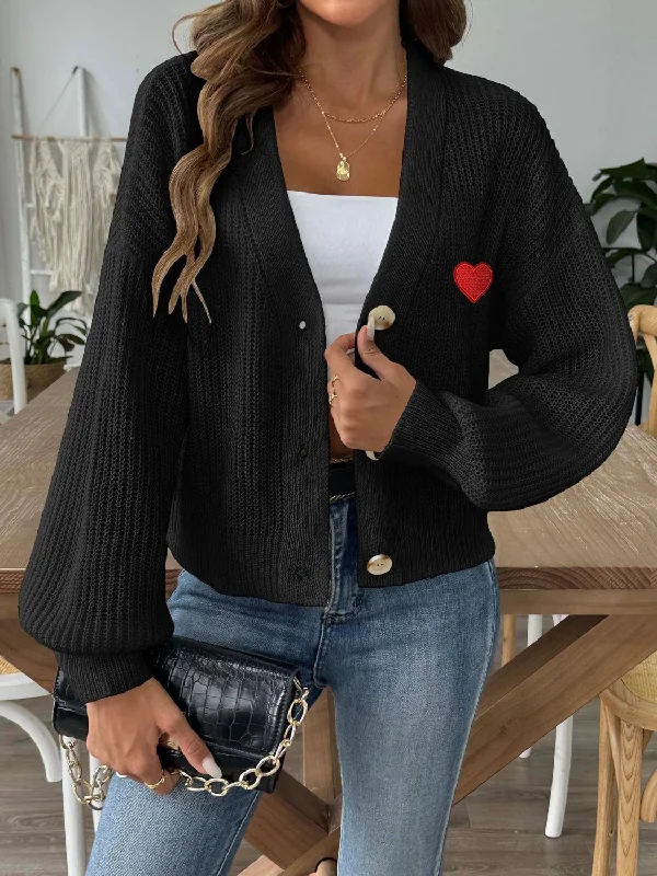 Heart Button Down V-Neck Long Sleeve Cardigan Refined Women's 