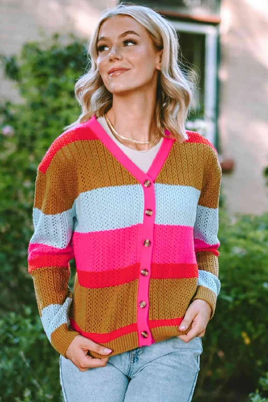 Striped V-Neck Button Up Cardigan Geometric