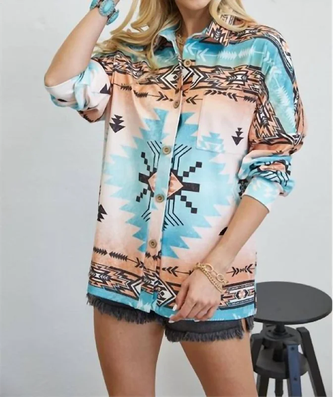 Abigail Aztec Print Shacket In Turquoise/coral Sophisticated Women's 