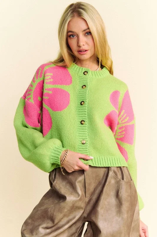 Davi & Dani Flower Contrast Round Neck Long Sleeve Cardigan Adventure