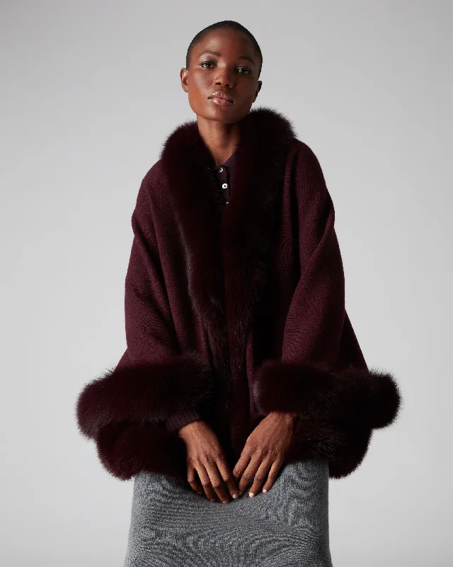 Women's Fox Trim Knitted Cape Mulled Wine Red Sporty Women's Tennis