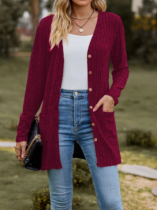 Ribbed Button Up Long Sleeve Cardigan Trendy Women's Oversized
