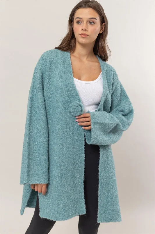 HYFVE Front Rosette Longline Slit Sweater Cardigan Contemporary 