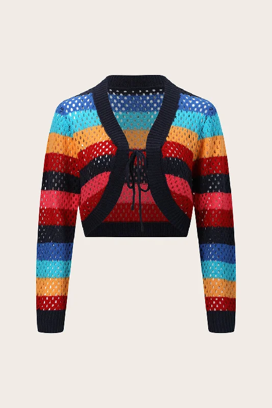 Openwork Color Block Tied Cardigan European