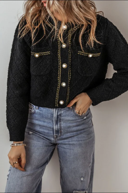 Round Neck Button Up Long Sleeve Cardigan Sophisticated Women's Tailored