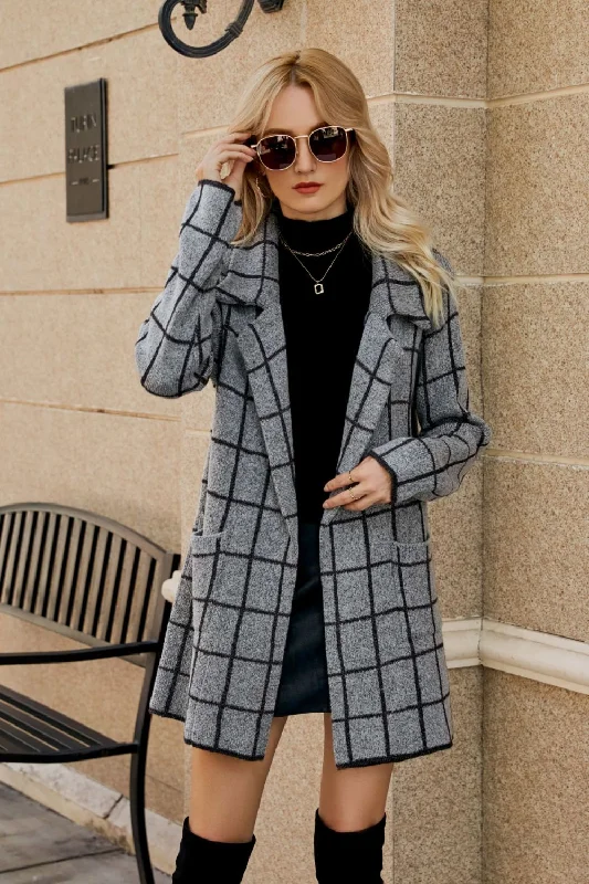 Printed Open Front Lapel Collar Cardigan with Pockets Cozy Women's Sherpa - lined