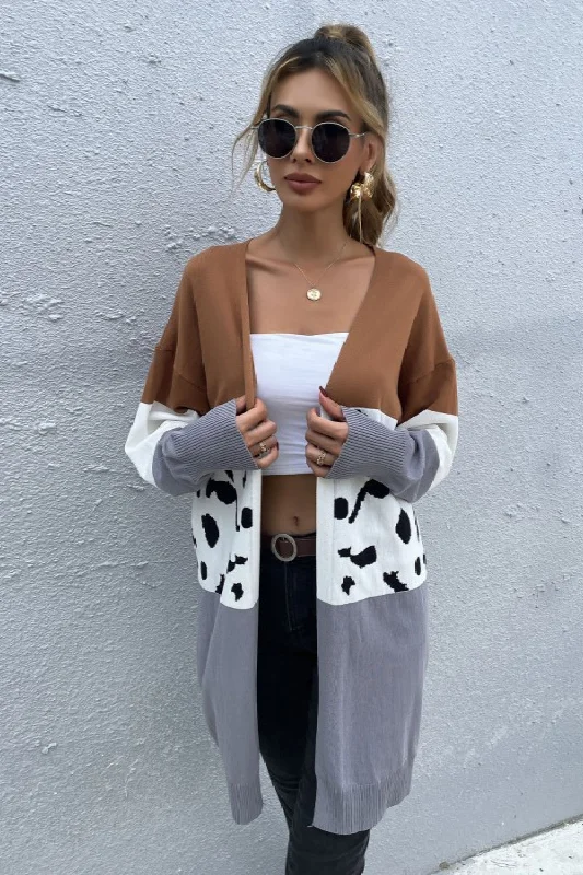 Perfee Leopard Color Block Cardigan Hip Women's Urban