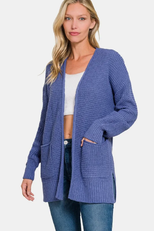 Zenana Waffle Open Front Sweater Cardigan Country