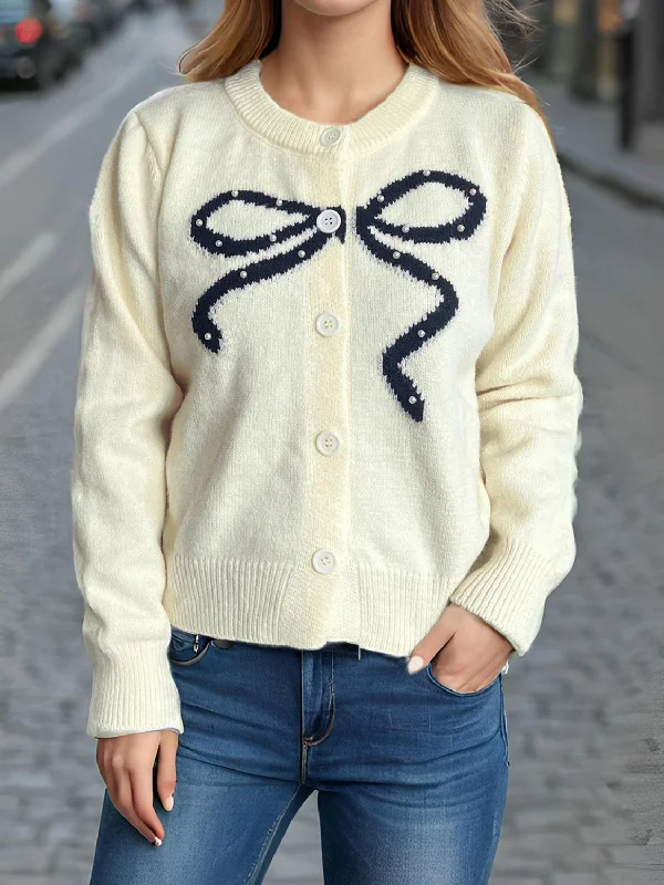 Bow Button Down Round Neck Cardigan Cozy Women's Sherpa - lined