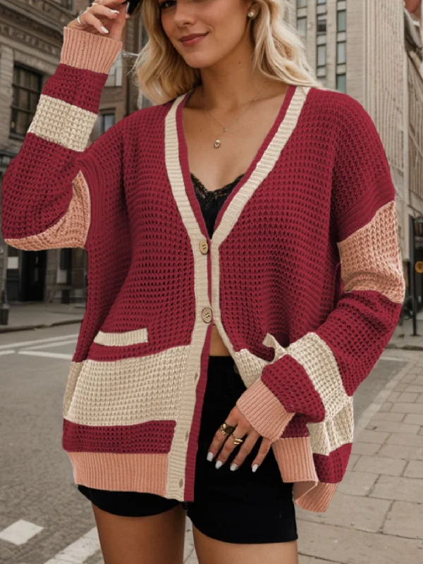 Contrast Button Up Long Sleeve Cardigan Casual Women's Loose - fitting