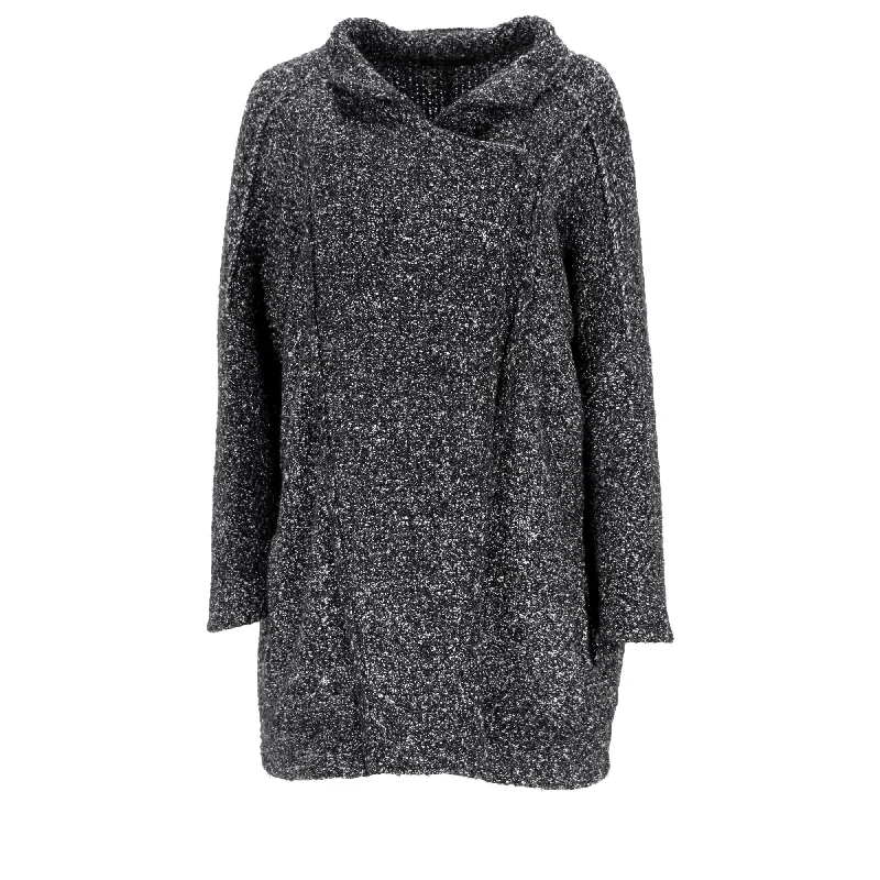 Maje Knitted Single-Breasted Coat in Black Wool Country